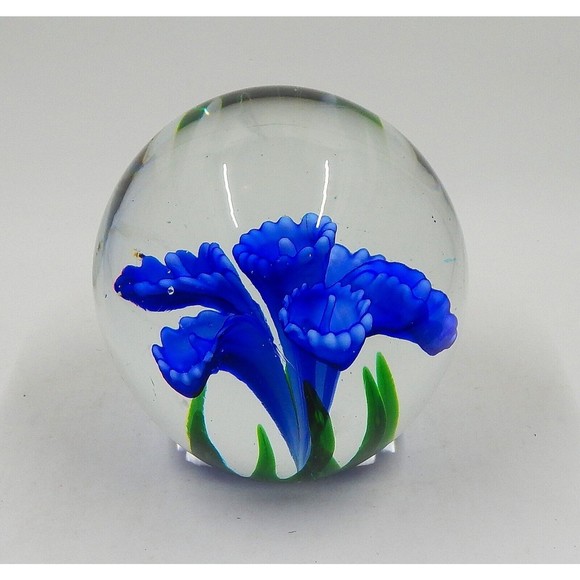 Dynasty Gallery Heirloom Collectibles Blue Flower Hand Blown Glass Paperweight - Picture 1 of 7